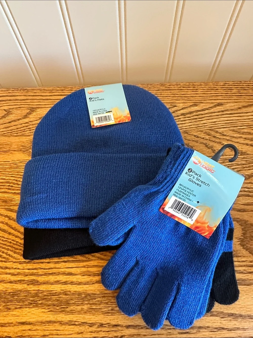 Kids Black and Blue Striped Beanie & Gloves Set